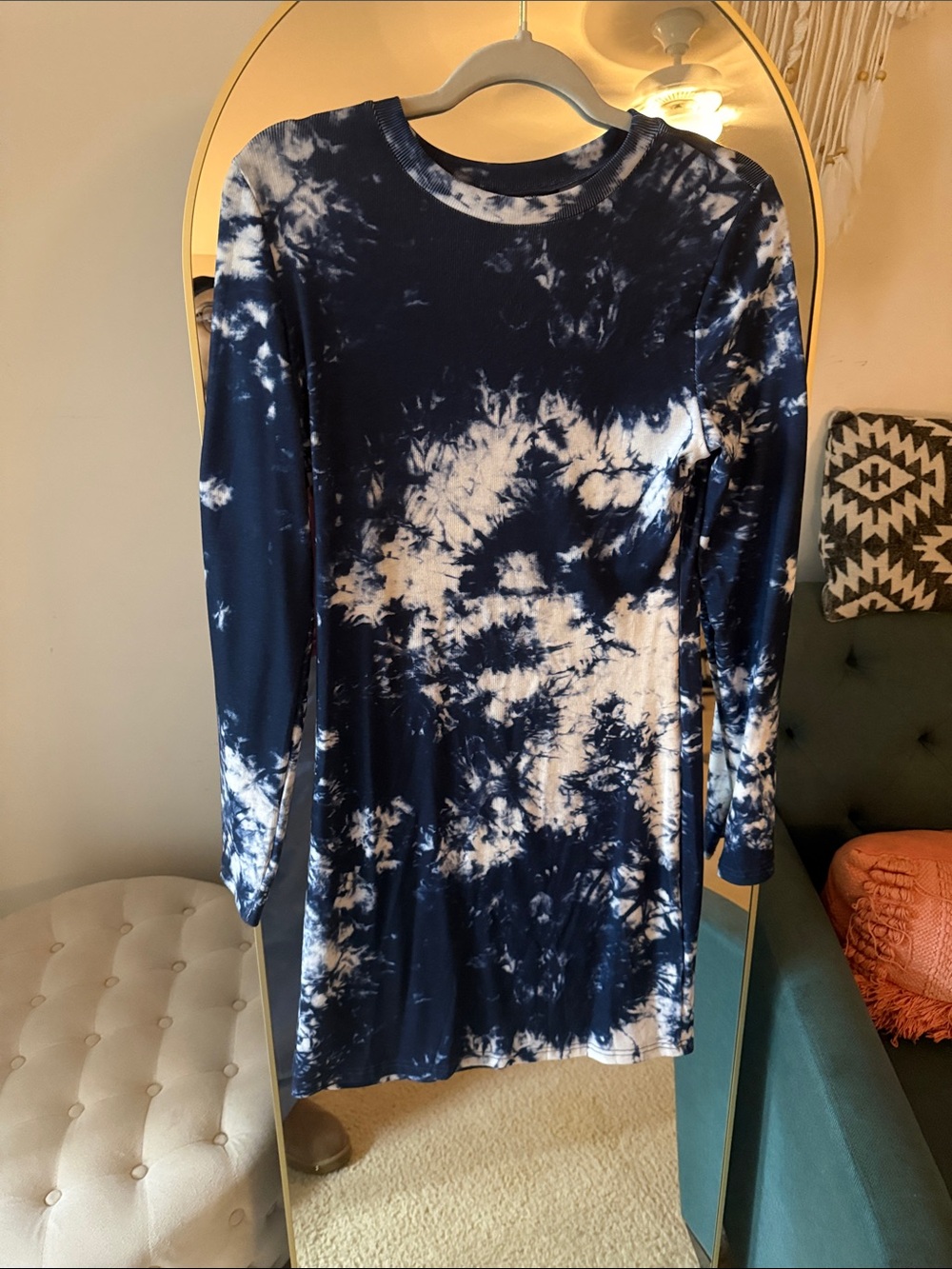 SHEIN Navy & White Tie-Dye Long Sleeve Bodycon Dress